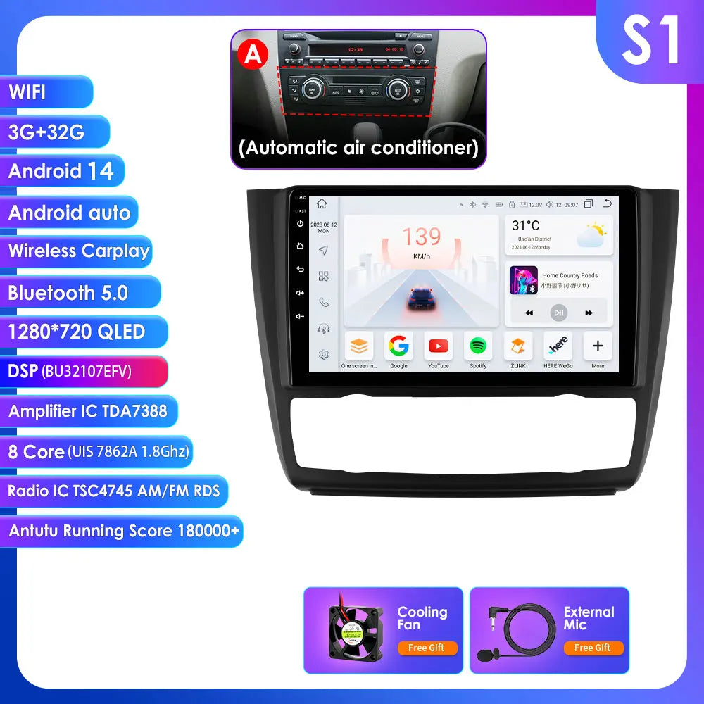 BMW 1 Series E81 E82 E87 E88 2004-2011 9" Android 14 Carplay Android auto wireless wifi bt gps 4g  AUTM9KFA