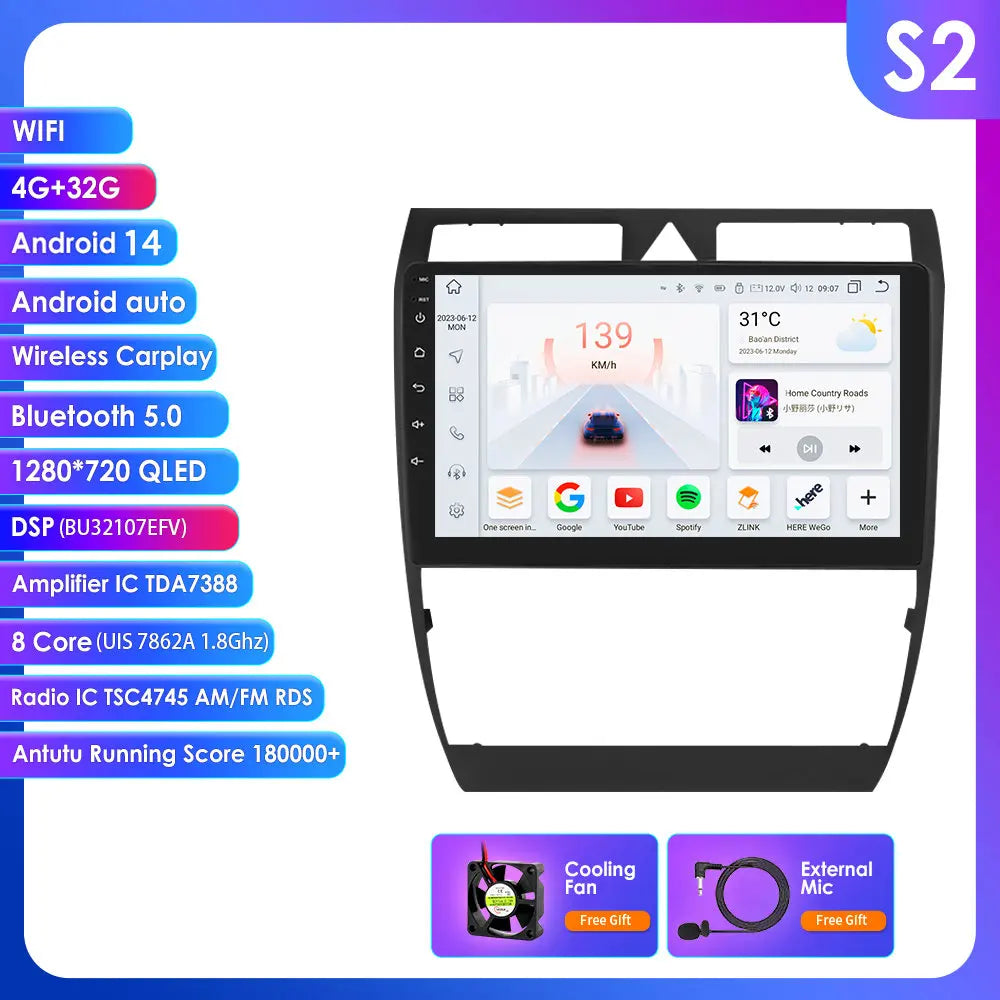 Audi A6 C5 1997-2004 S6 RS6 9" Android 14 Carplay Android auto wireless wifi bt gps 4g  AUTMA9VK