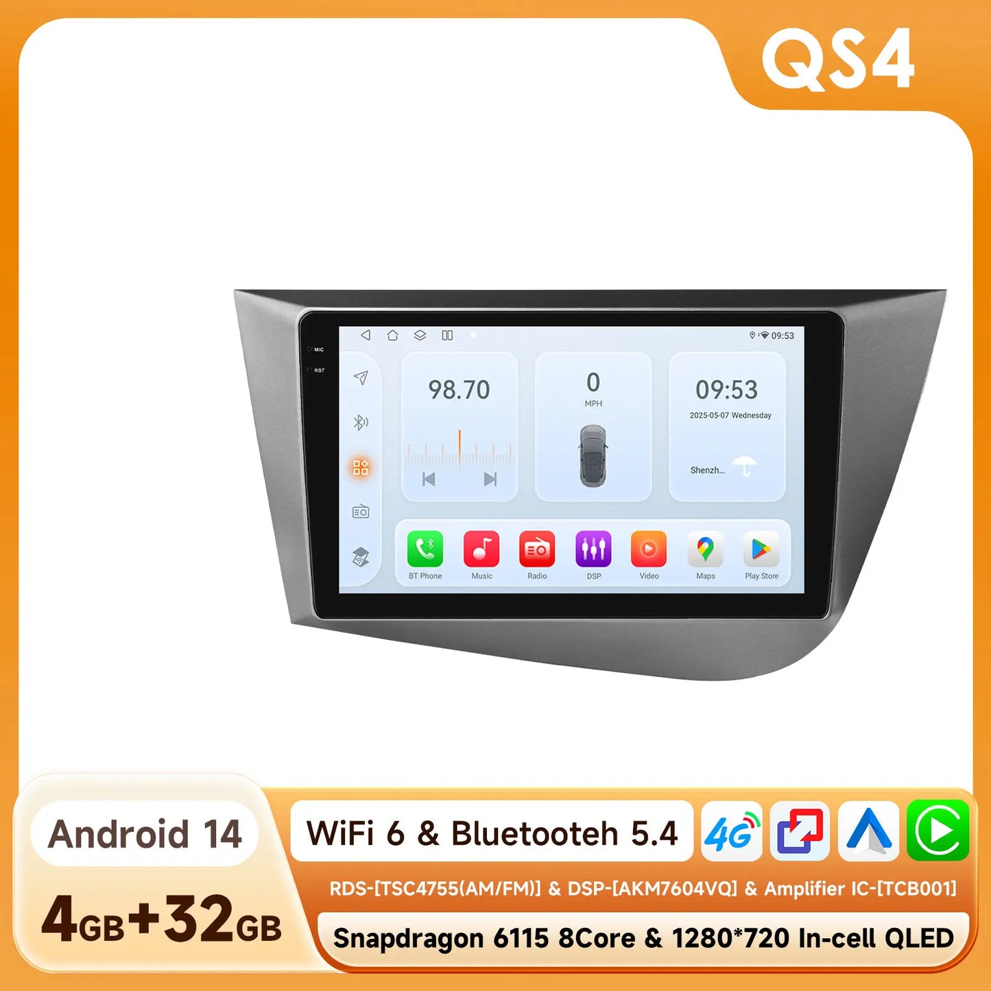 Seat Leon 2 MK2 2005 - 2012 9" Android 14 Carplay Android auto wireless wifi bt gps 4g  AUTMJ9VX