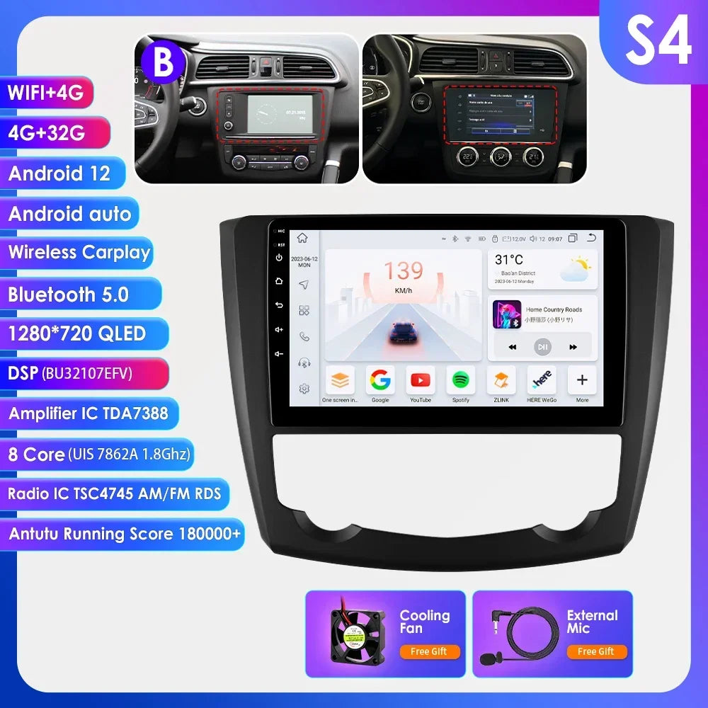Renault Kadjar 2015-2019  9" Android 14 Carplay Android auto wireless wifi bt gps 4g AUTM83VU