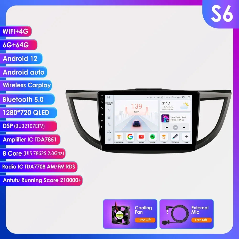 Honda CRV 4th 2012-2016 9" Android 14 Carplay Android auto wireless wifi bt gps 4g AUTMVCRH4