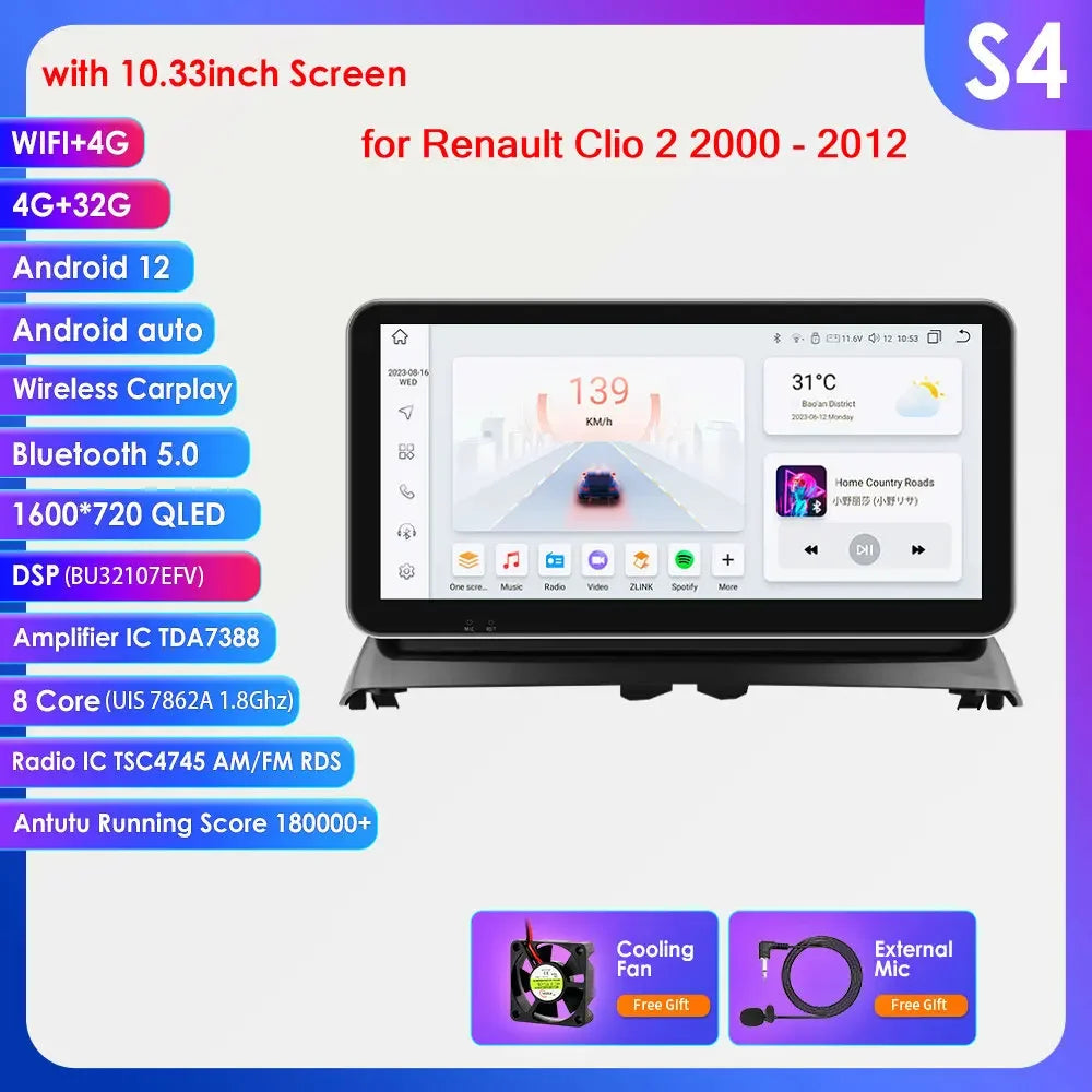 Renault Clio 2 2000 - 2012 9" Android 14 Carplay Android auto wireless wifi bt gps 4g  AUTM8236