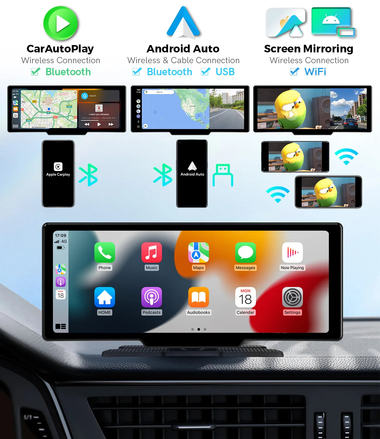 9,33 pollici monitor portatile con touch screen con navigazione  IPS con CarPlay wireless Android Auto Mirroring  DVR 2K 1080P HP901