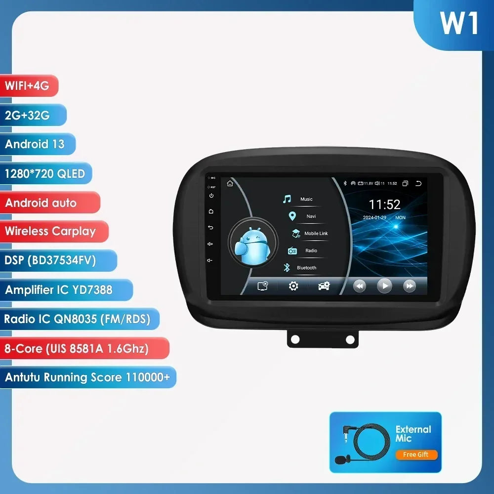 FIAT 500X 2014-2020 9" Android 14 Carplay Android auto wireless wifi bt gps 4g  AUTMXDQZ