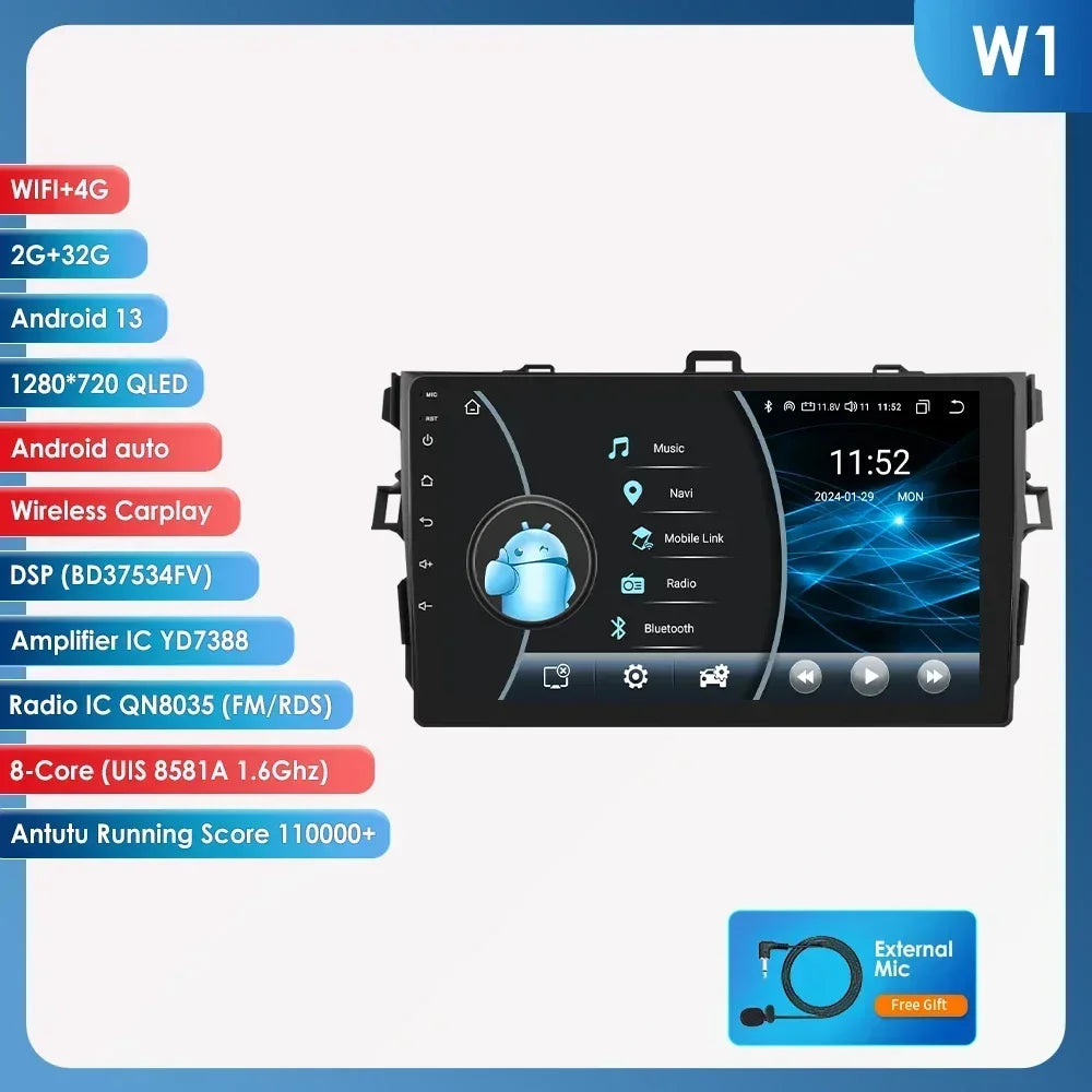 Toyota Corolla E140/150 2007 - 2011 9" Android 14 Carplay Android auto wireless wifi bt gps 4g   AUTMCRLTY