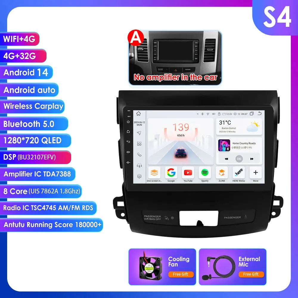Mitsubishi Outlander 2 Peugeot 4007  Citroen C-Crosser 9" Android 14 Carplay Android auto wireless wifi bt gps 4g AUTMS5Y3