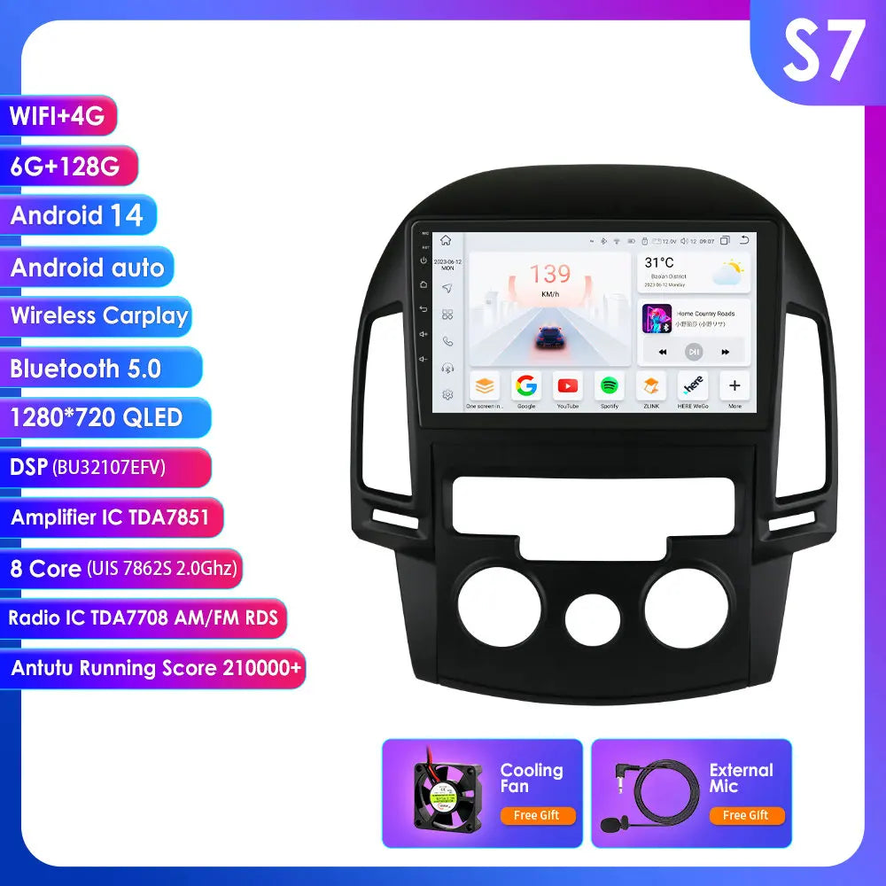 Hyundai I30 2006-2011  9" Android 14 Carplay Android auto wireless wifi bt gps 4g AUTMQS31