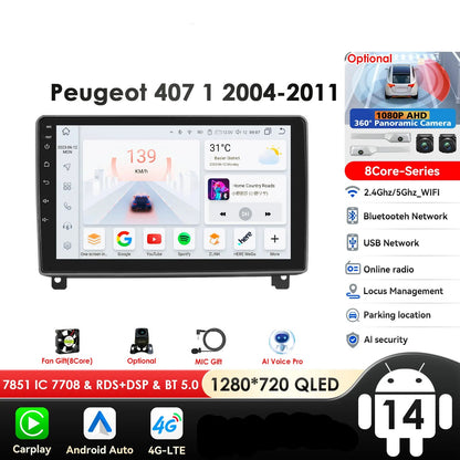 Peugeot 407 1  2004-2011 9" Android 14 Carplay Android auto wireless wifi bt gps 4g AUTMRWH2