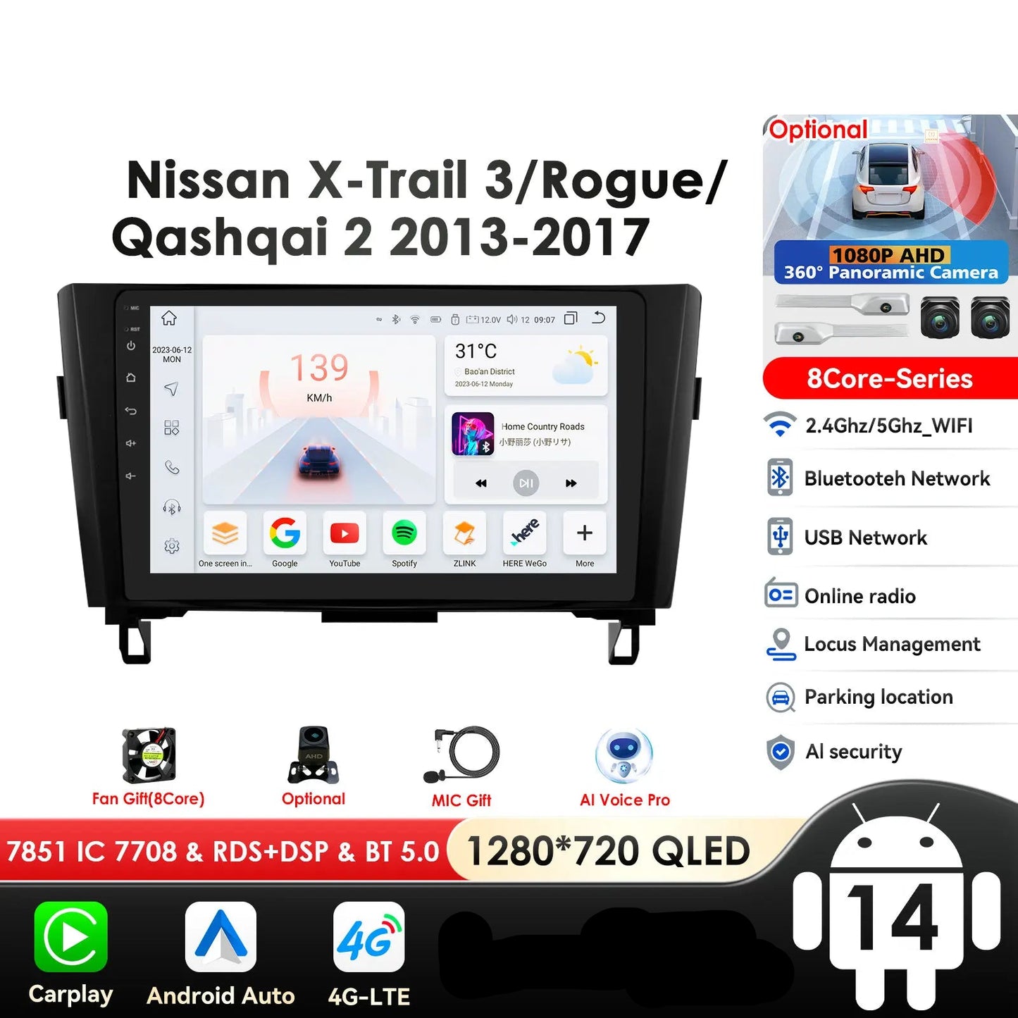 Nissan X-Trail Xtrail X Trail 3 T32 Qashqai 2 J11 2014-2018  10" Android 14 Carplay Android auto wireless wifi bt gps 4g AUTMSINJ11