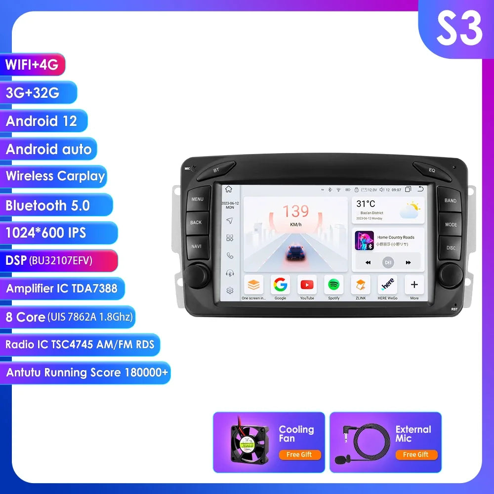 Mercedes Benz CLK C209 W209 W203 W463 W168 Viano 7" Android 14 Carplay Android auto wireless wifi bt gps 4g  AUTM3WB7