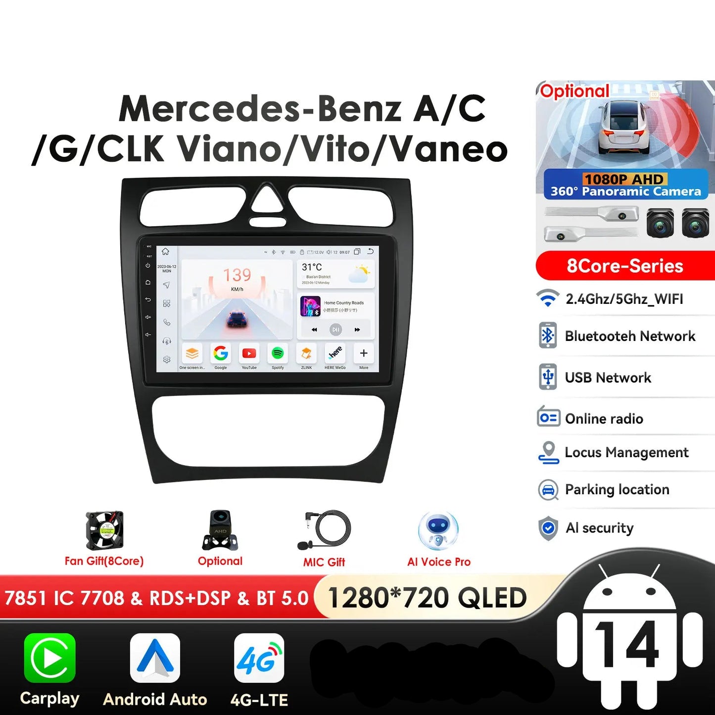 Mercedes-Benz A W168 C W203 G W463 Viano Vito CLK Class C209 1998-2006 9" Android 14 Carplay Android auto wireless wifi bt gps 4g  AUTMZH0A