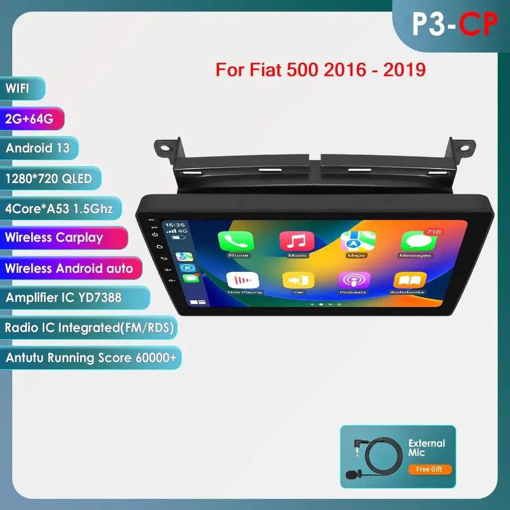 Fiat 500 2016 -2020  9"/10,33" Android 14 Carplay Android auto wireless wifi bt gps 4g AUTM7LJI