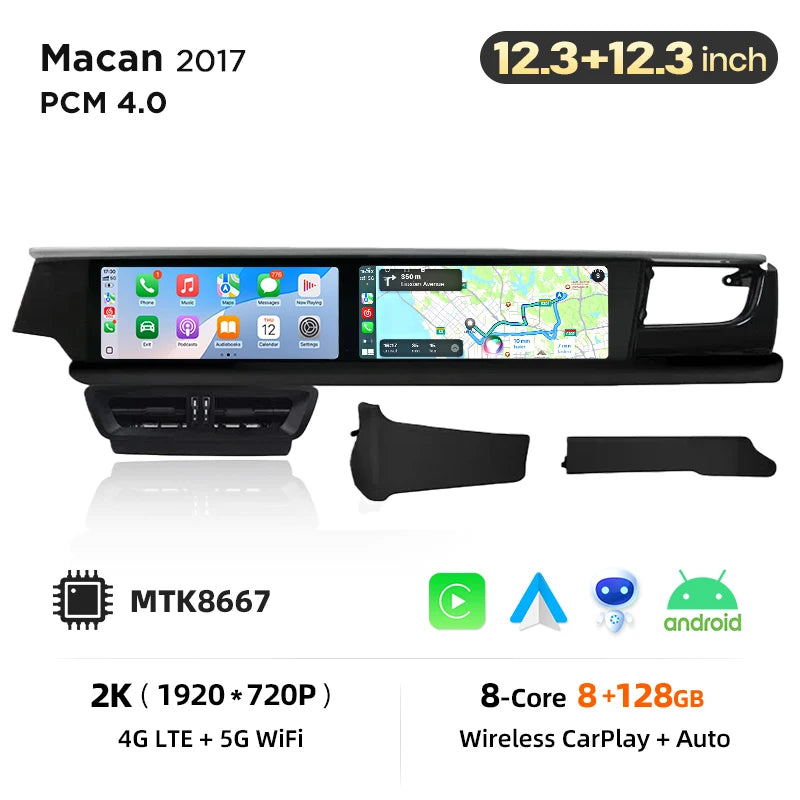 Porsche Macan 2014-2024 Autoradio wireless interattiva a 2 schermi da 12,3 pollici con CarPlay / Android auto wireless  per l'intrattenimento del copilota e del passeggero AUTM9NRU