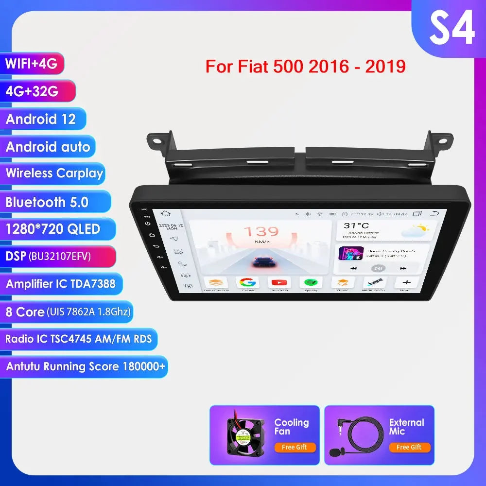 Fiat 500 2016 -2020  9"/10,33" Android 14 Carplay Android auto wireless wifi bt gps 4g AUTM7LJI