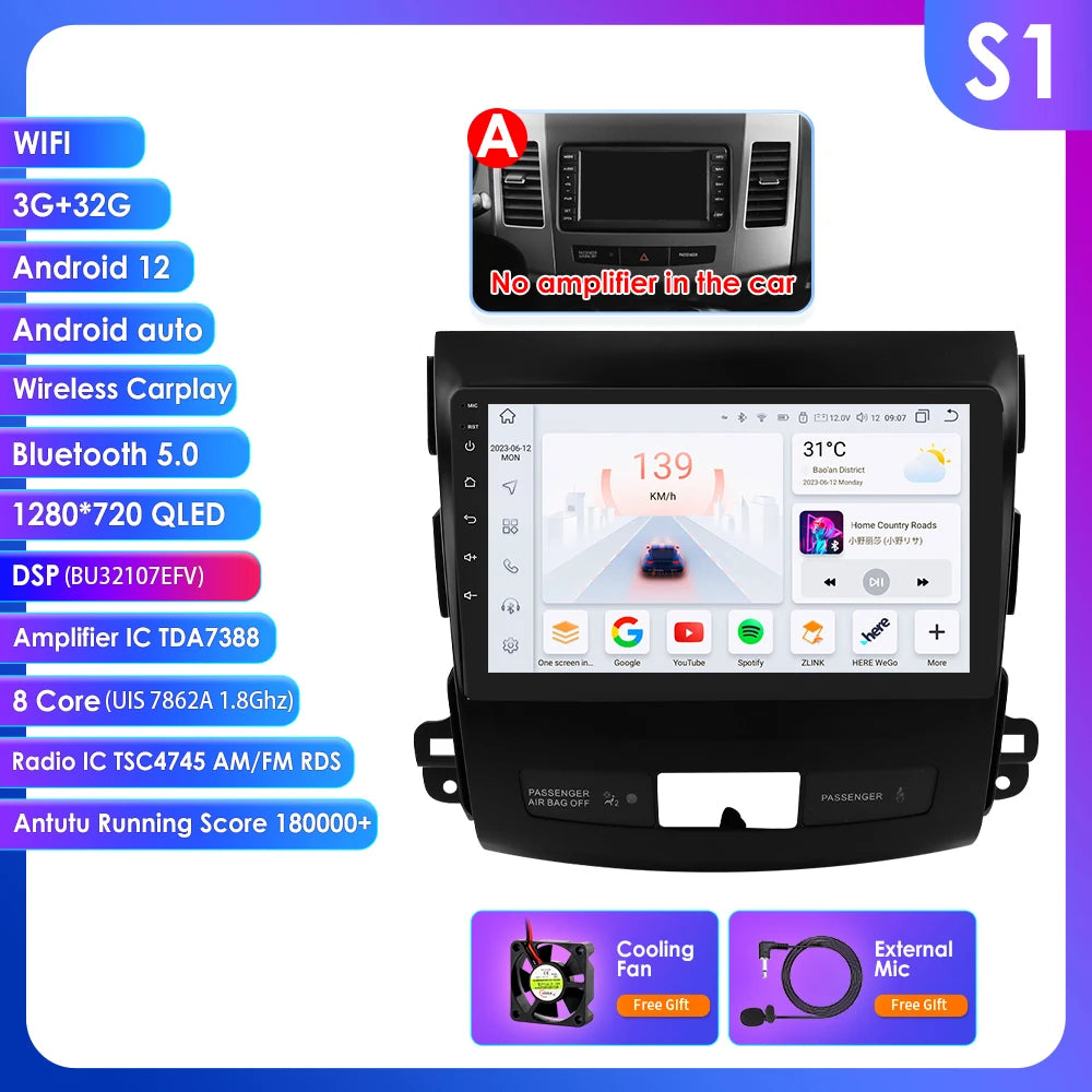 Mitsubishi Outlander 2 Peugeot 4007  Citroen C-Crosser 9" Android 14 Carplay Android auto wireless wifi bt gps 4g AUTMS5Y3