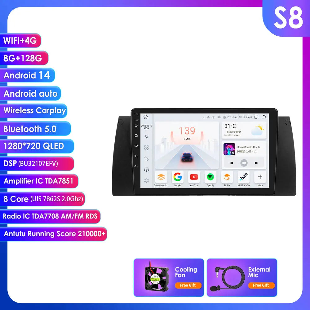BMW 5 E39 E53 X5 1995-2006 9" Android 14 Carplay Android auto wireless wifi bt gps 4g  AUTM4O3C