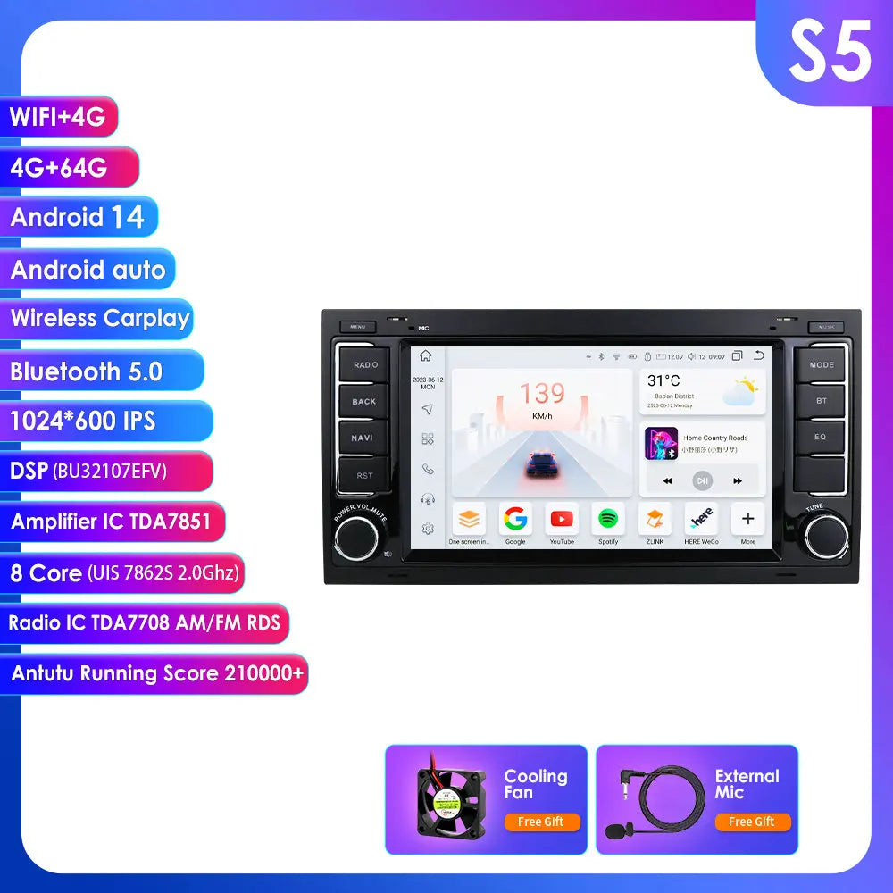 Volkswagen Transporter Touareg 2004-2009 7" Android 14 Carplay Android auto wireless wifi bt gps 4g AUTMZWMR