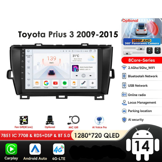 Toyota Prius XW30 2009-2015 9"Android 14 Carplay Android auto wireless wifi bt gps 4g RDS AUTMTAPY