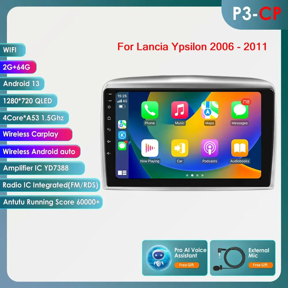 Lancia Ypsilon 2004 - 2011 9" / 10,33" Android 14 Carplay Android auto wireless wifi bt gps 4g  AUTMNYFZ