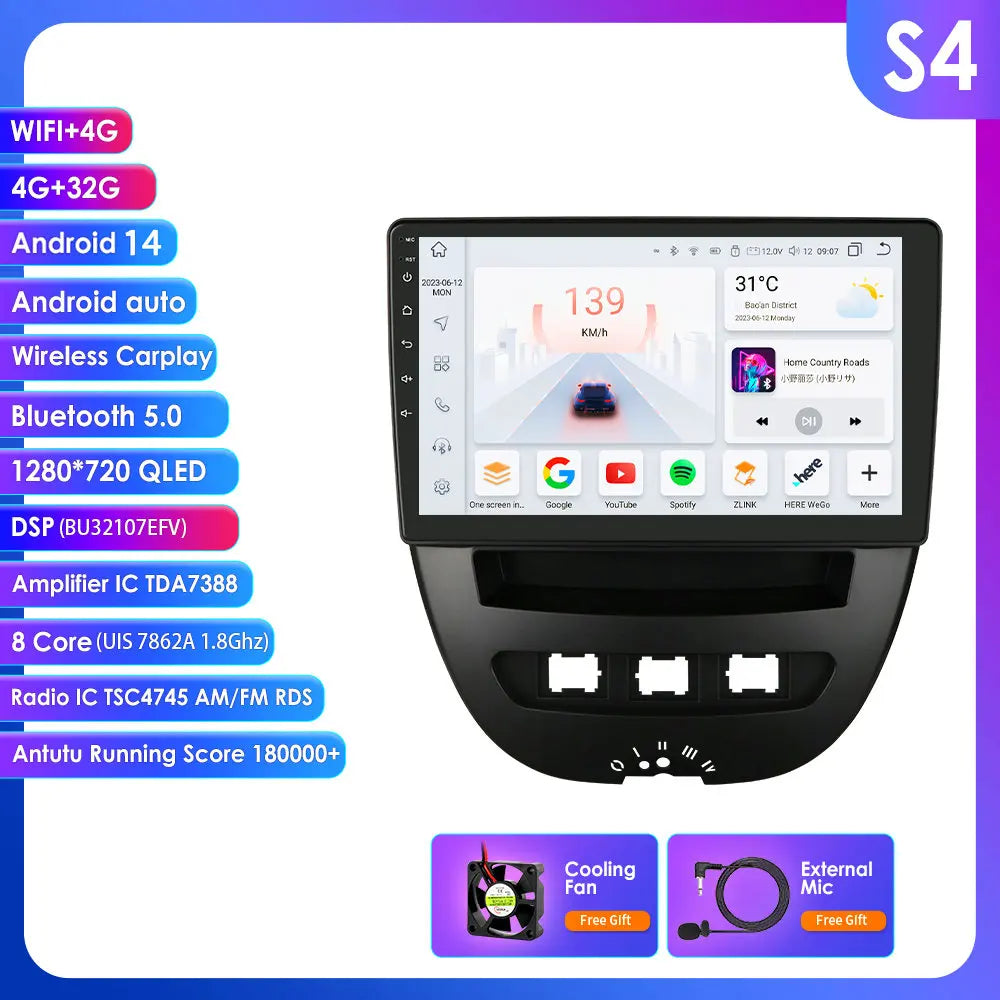 Peugeot 107 Toyota Aygo Citroen C1 9" Android 14 Carplay Android auto wireless wifi bt gps 4g  AUTMH3FI