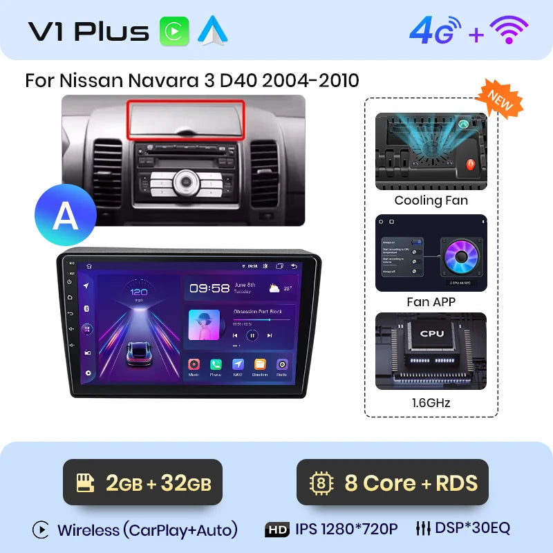 NISSAN NAVARA 2006 -2012 9" Wireless CarPlay Android Auto  RDS GPS 4G WIFI Multimedia autoradio AUTMNISNV2