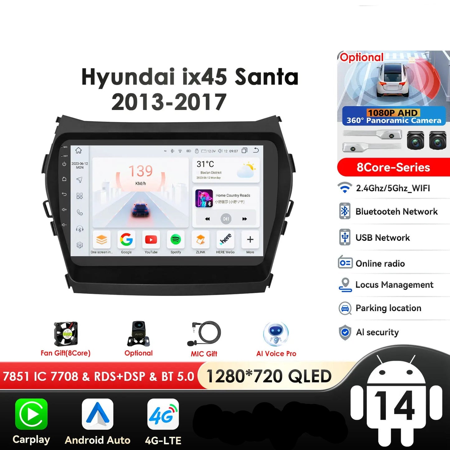 Hyundai Santa Fe 3 2013-2017 IX 45 9" / 10,33" Android 14 Carplay Android auto wireless wifi bt gps 4g  AUTM1AC6