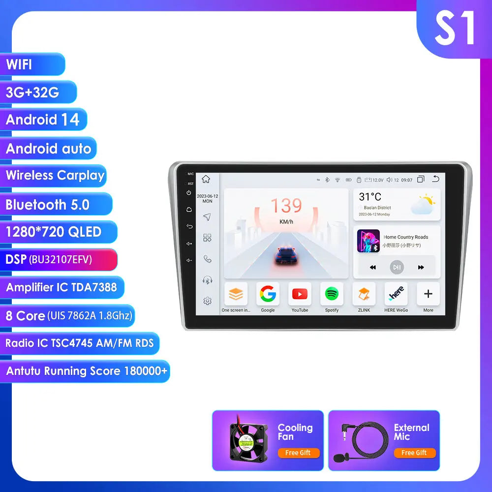 Toyota Avensis T25 2002- 2008 9" Android 14 Carplay Android auto wireless wifi bt gps 4g  AUTM01HZ