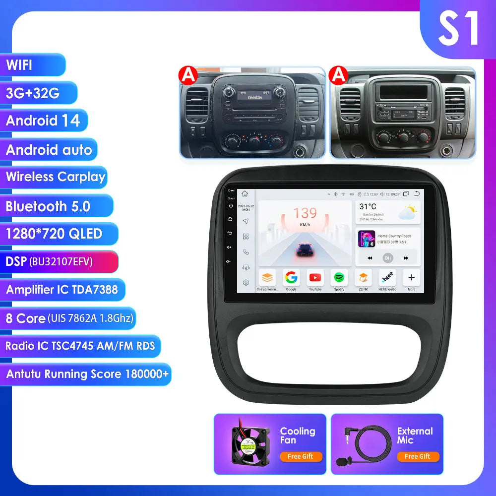 Fiat Talento Renault Trafic 3 / Opel Vivaro B 2014-2021 9" Android 14 Carplay Android auto wireless wifi bt gps 4g AUTMUYH9
