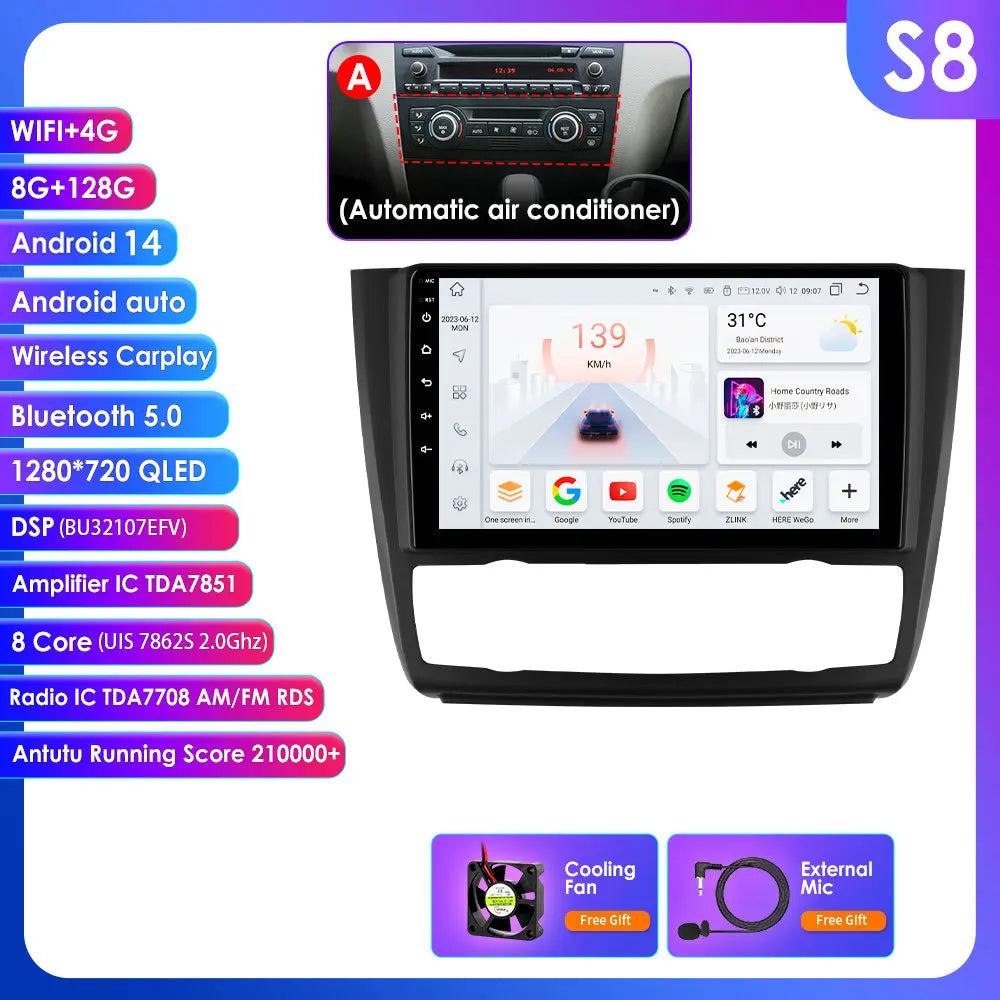 BMW 1 Series E81 E82 E87 E88 2004-2011 9" Android 14 Carplay Android auto wireless wifi bt gps 4g  AUTM9KFA