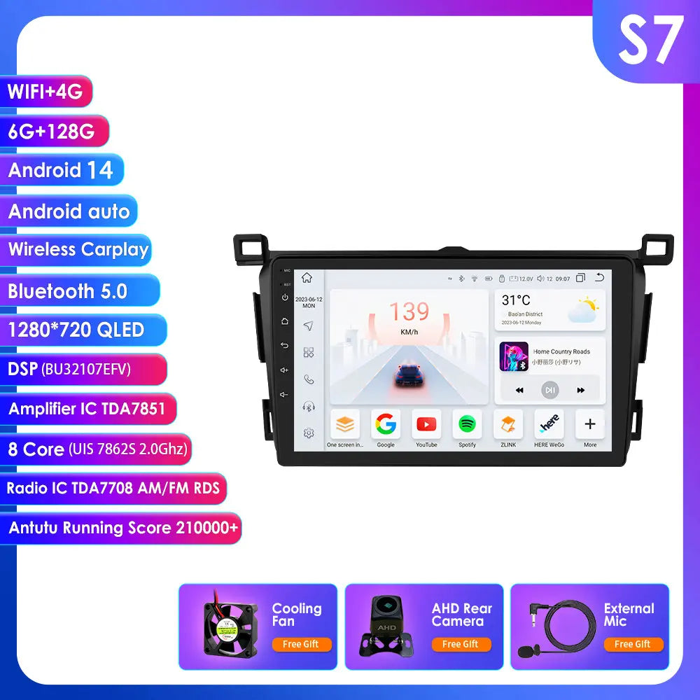 Toyota RAV4 Rav 4 2013-2018 9" Android 14 Carplay Android auto wireless wifi bt gps 4g  AUTM4VARTY