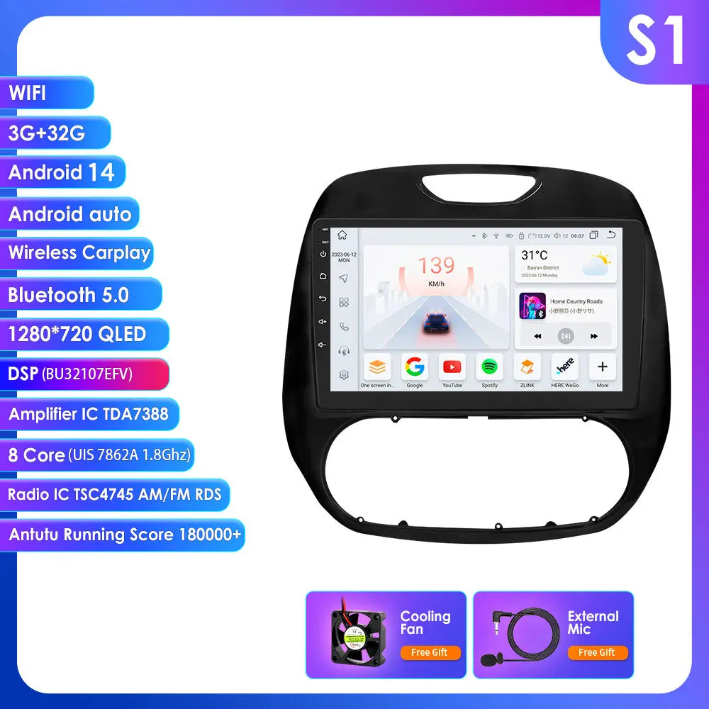 Renault Kaptur Captur 2016-2019 9" Android 14 Carplay Android auto wireless wifi bt gps 4g  AUTMG9L6