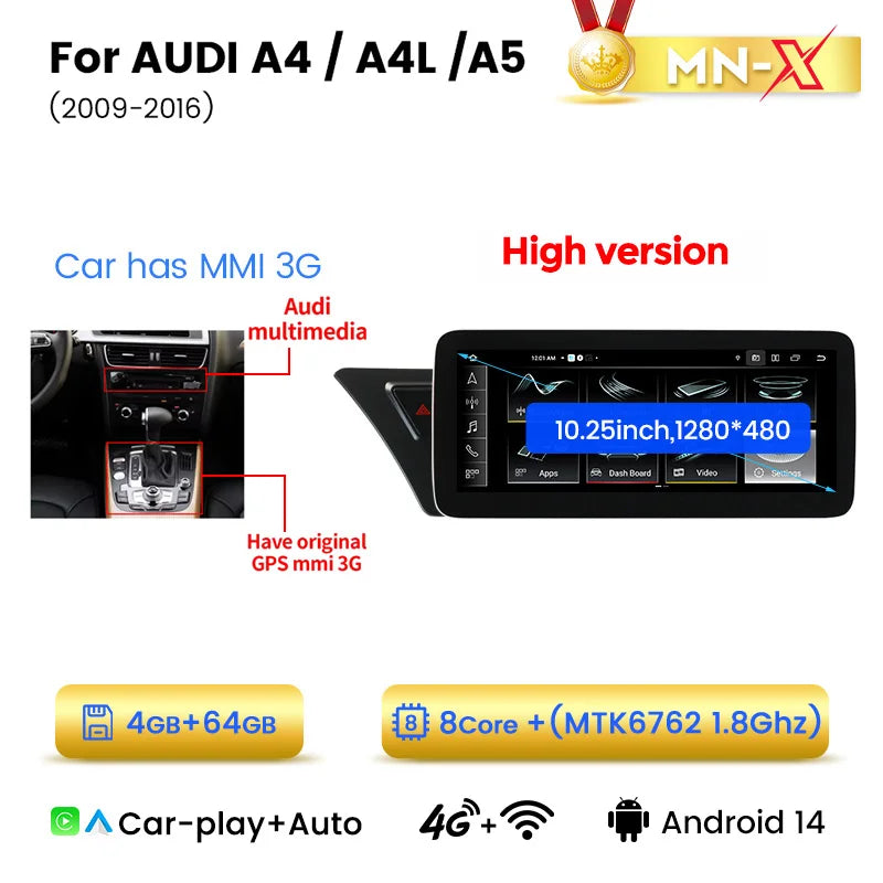 Audi A4 A4L A5 B8 2009-2016 10,25" Android 14 Stereo Car Smart System   Wireless CarPlay Wireless Android Auto  Multimedia Video Player Display 4G WiFi BT  AUTMAI1Y