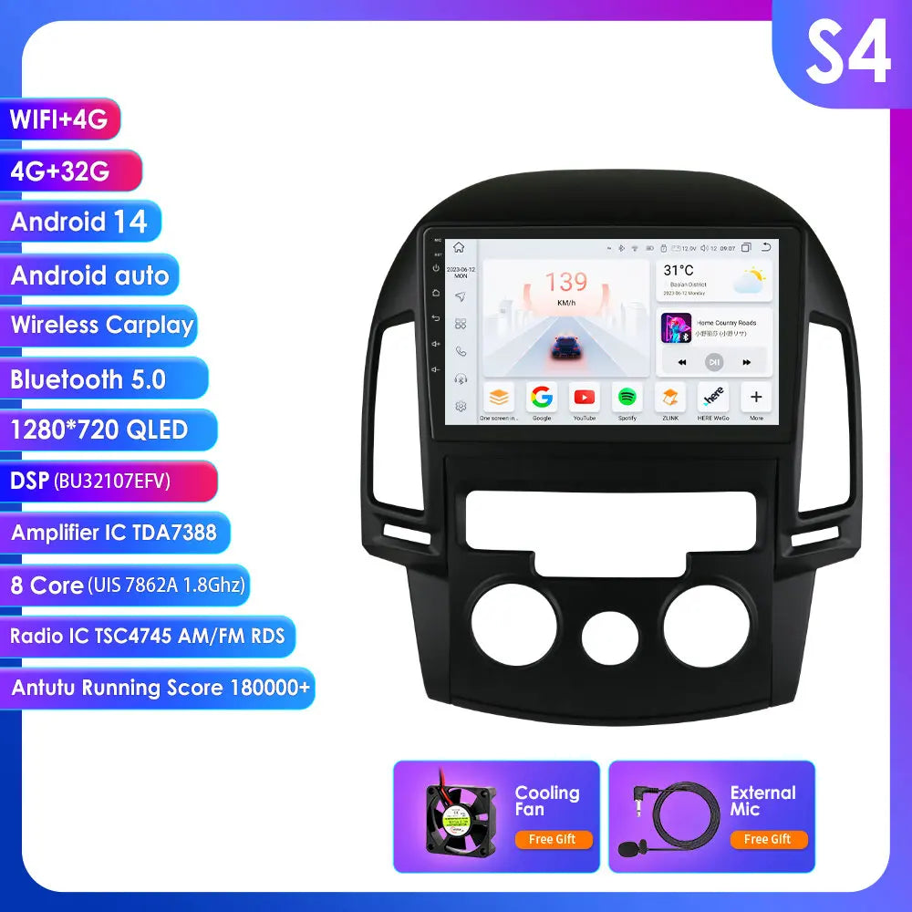 Hyundai I30 2006-2011  9" Android 14 Carplay Android auto wireless wifi bt gps 4g AUTMQS31