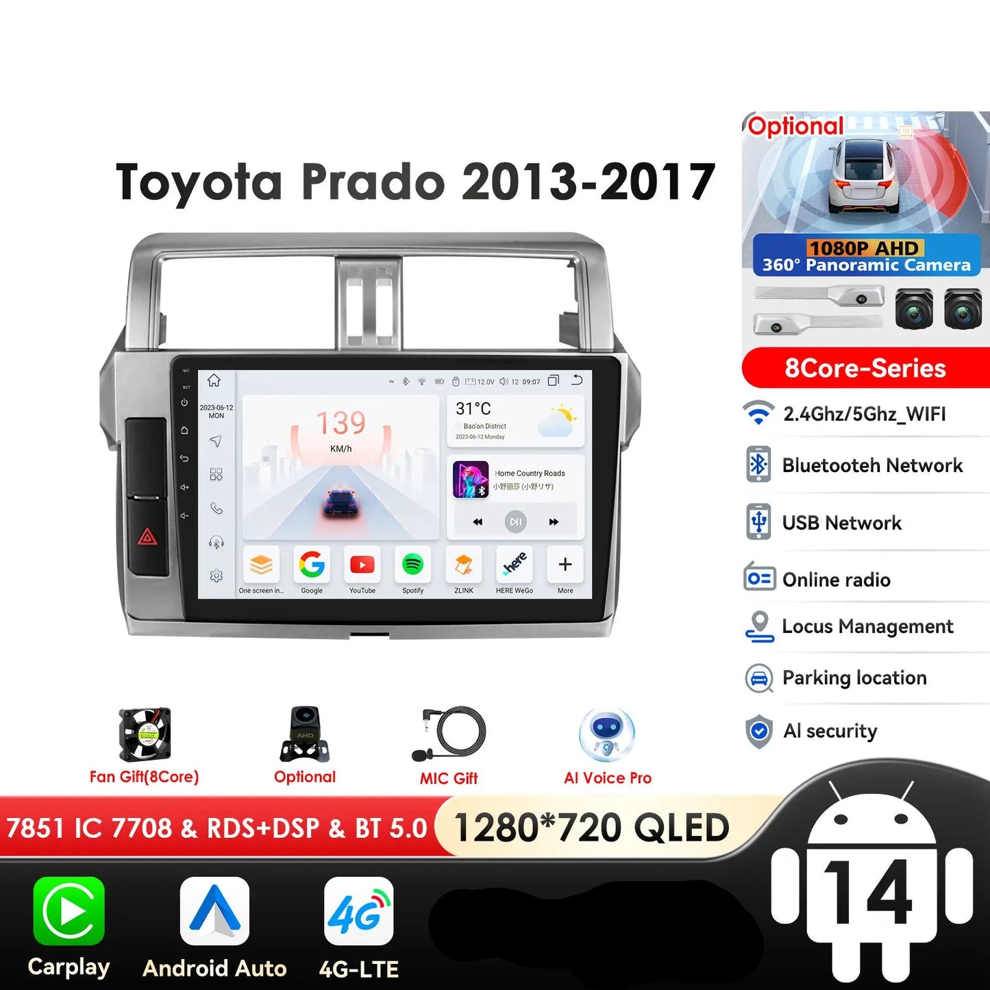 Toyota Land Cruiser Prado 150 2013 - 2017   9" Android 14 Carplay Android auto wireless wifi bt gps 4g   AUTMPRCLLT