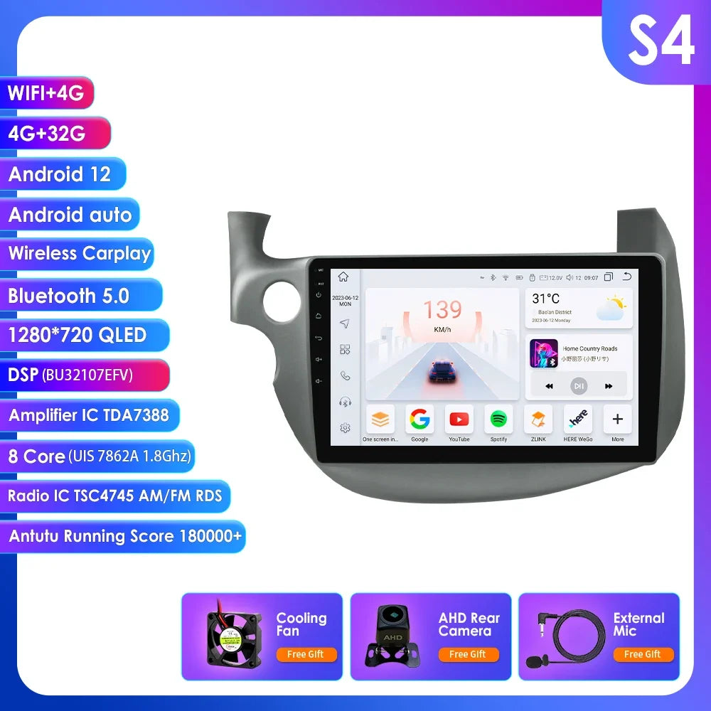 HONDA FIT JAZZ 2007-2013 9" Android 14 Carplay Android auto wireless wifi bt gps 4g  AUTMJZFHD