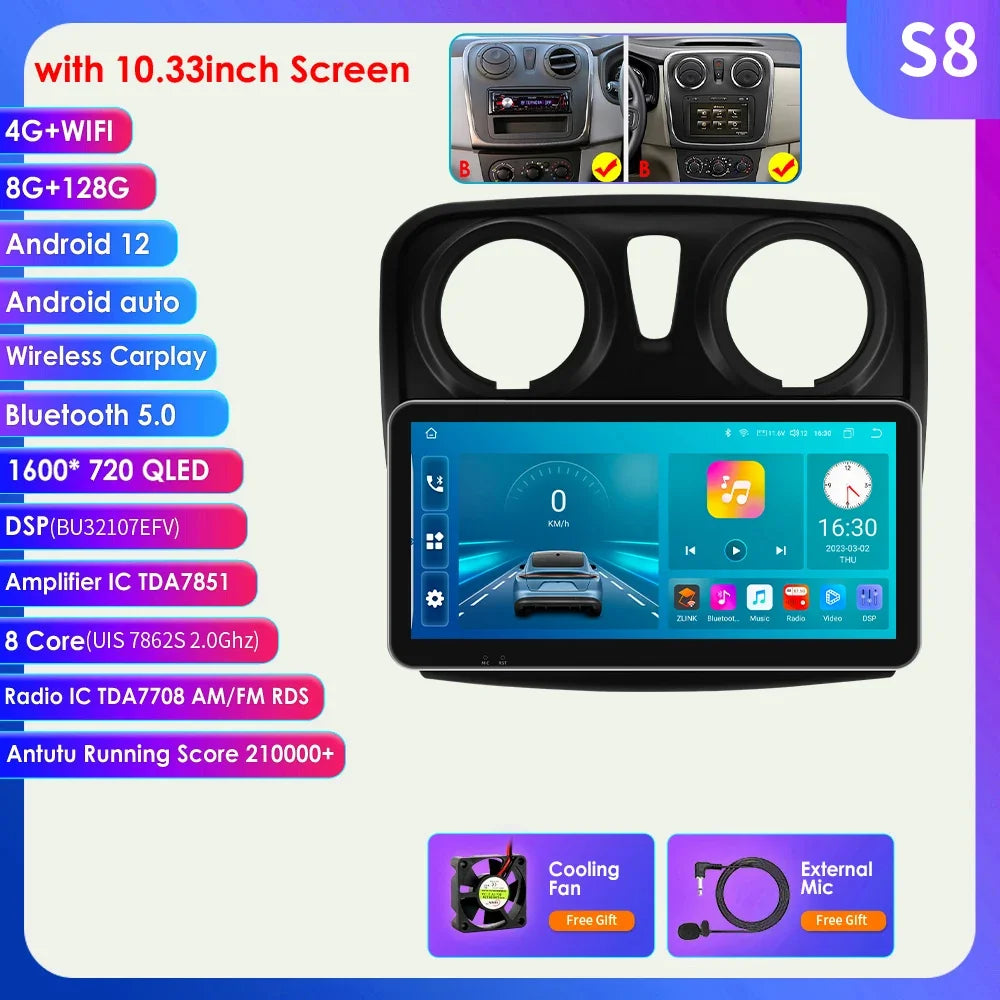 Dacia Logan 2 II Sandero 2  2012-2019 9" Android 14 Carplay Android auto wireless wifi bt gps 4g AUTMH2D9