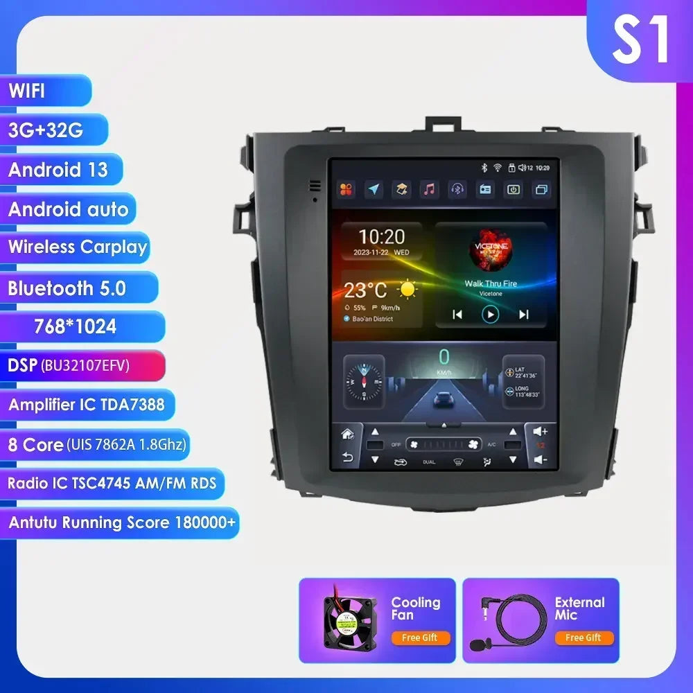 Toyota Corolla E140 / E150 2006 - 2013 9.7"  Android 14 Carplay Android auto wireless wifi bt gps 4g CRLTYTE2
