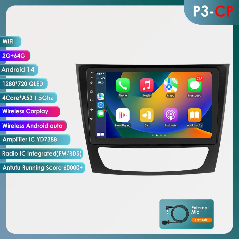 Mercedes Benz E-Class W211 E200 E220 E300 E350 E240 E270 E280 CLS W219 55 C W463 CLK 9" Android 14 Carplay Android auto wireless wifi bt gps 4g AUTMPAP0
