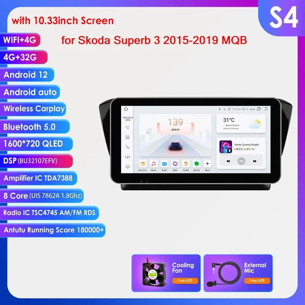 Skoda Superb 3 2015 - 2019 10,1" / 10,33" Android 14 Carplay Android auto wireless wifi bt gps 4g  AUTM1J1R