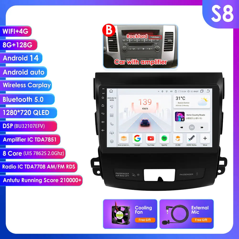 Mitsubishi Outlander 2 Peugeot 4007  Citroen C-Crosser 9" Android 14 Carplay Android auto wireless wifi bt gps 4g AUTMS5Y3