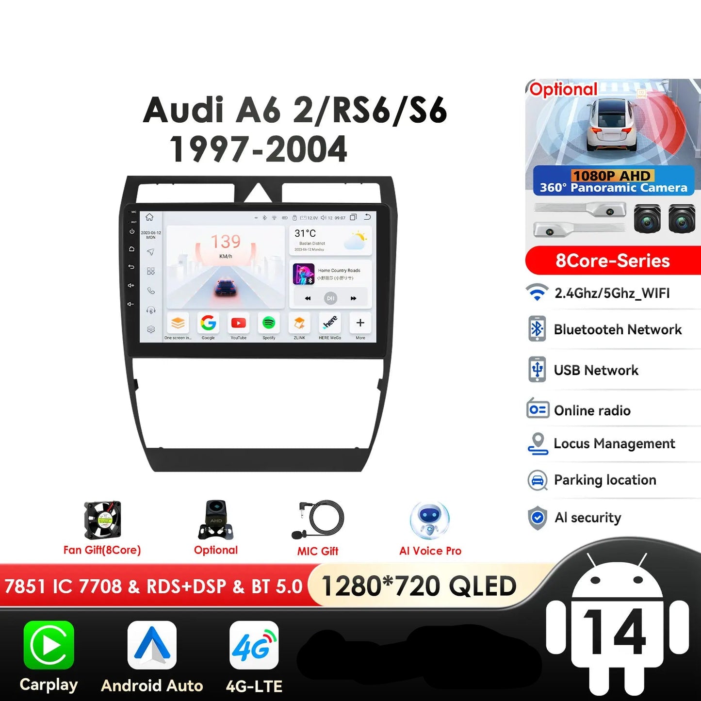 Audi A6 C5 1997-2004 S6 RS6 9" Android 14 Carplay Android auto wireless wifi bt gps 4g  AUTMA9VK