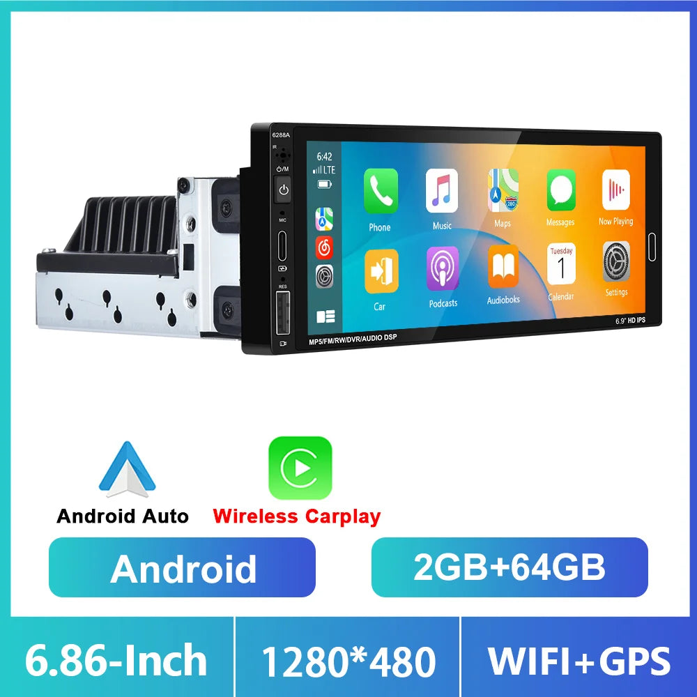 1din 6.86'' Android Car Stereo Radio 2+64G Wireless Carplay Android auto Bluetooth WIFI GPS FM Radio RDS  AUTMRDNV1