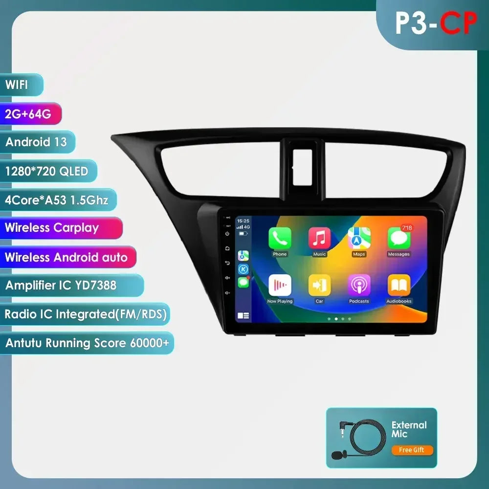 Honda Civic 9 FK FB 2012 - 2017 9" Android 14 Carplay Android auto wireless wifi bt gps 4g AUTMSGOW