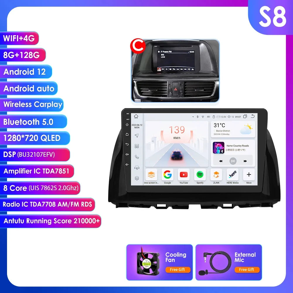 Mazda CX5 CX-5 CX 5 2012 - 2015 9" Android 14 Carplay Android auto wireless wifi bt gps 4g  AUTMAPJJ