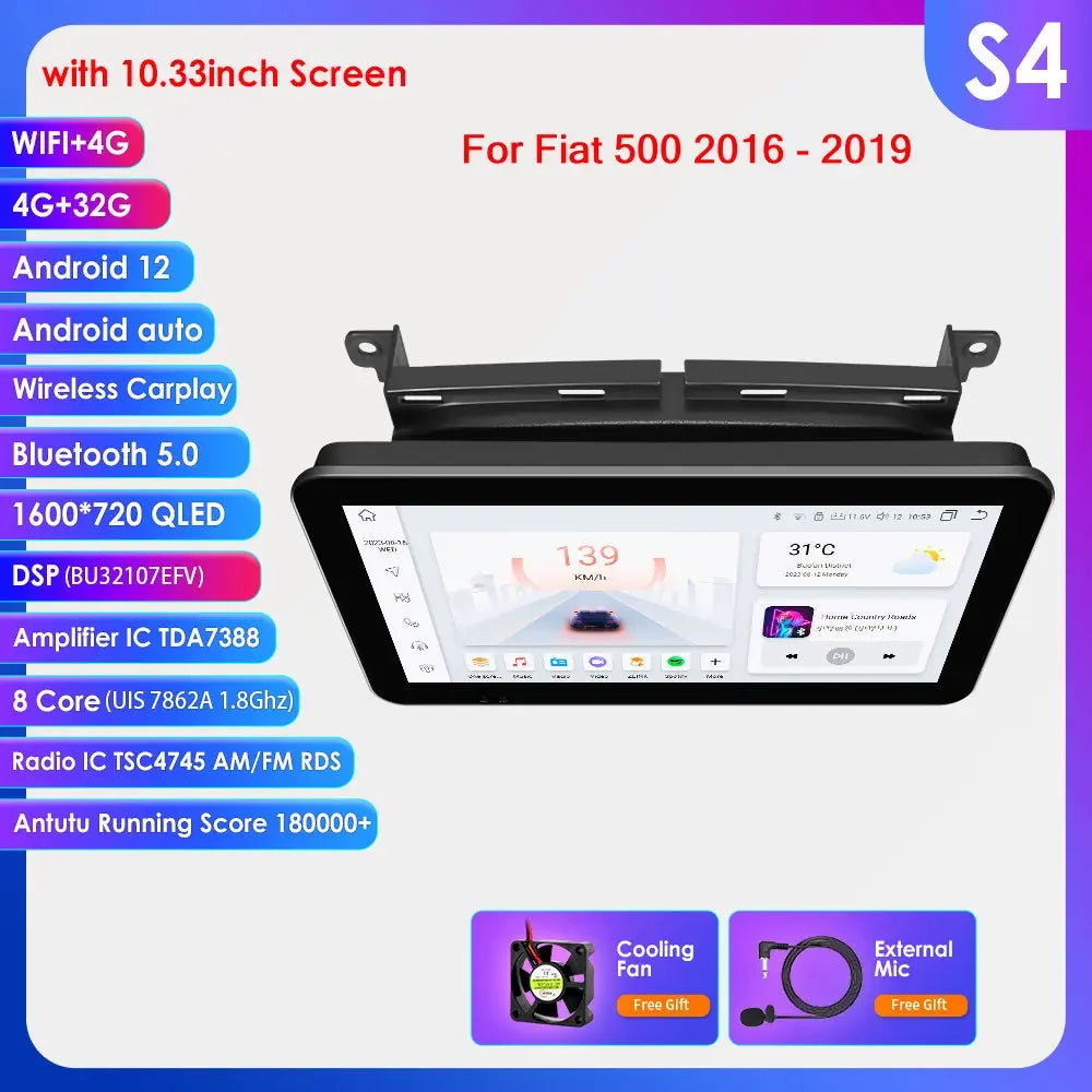 Fiat 500 2016 -2020  9"/10,33" Android 14 Carplay Android auto wireless wifi bt gps 4g AUTM7LJI
