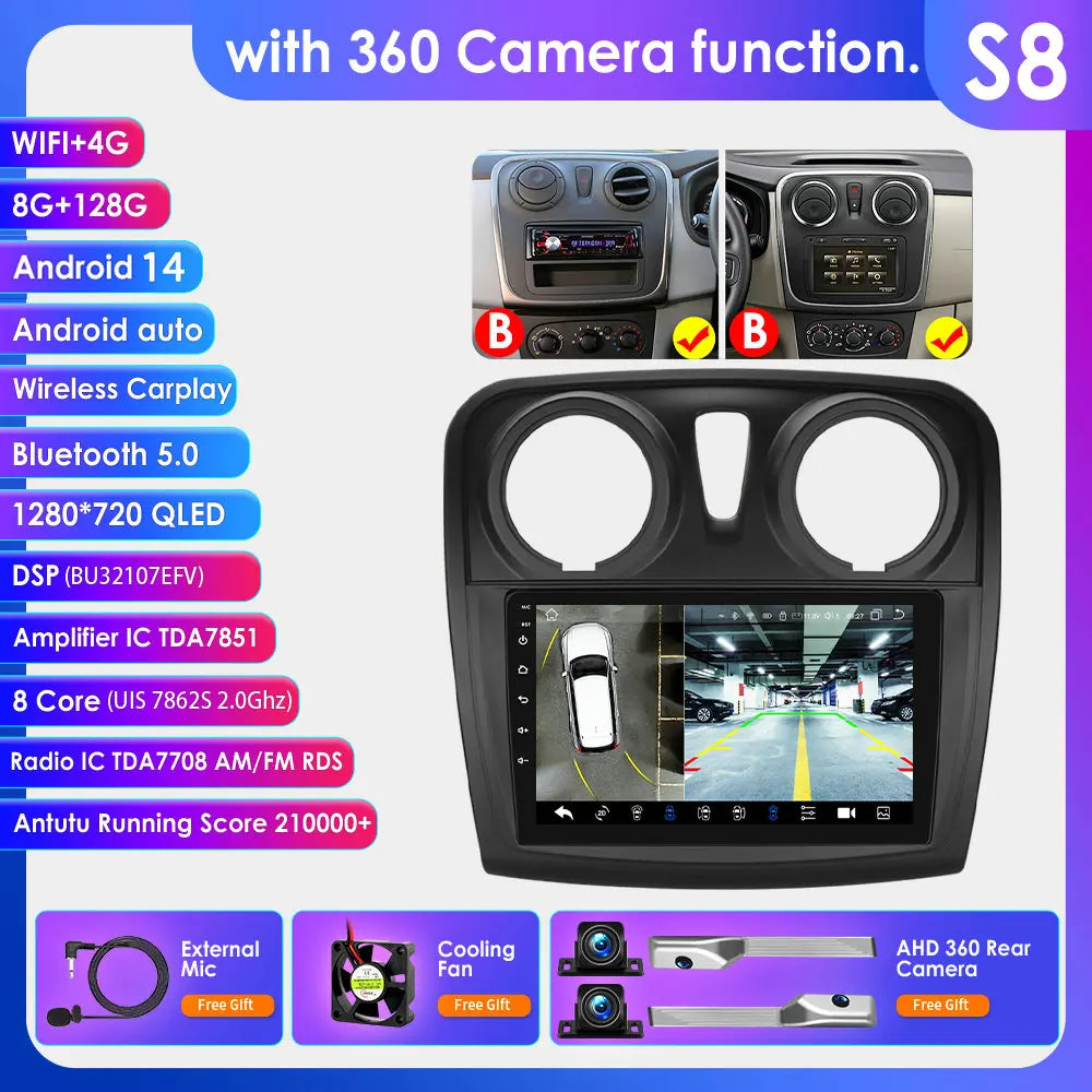 Dacia Logan 2 II Sandero 2  2012-2019 9" Android 14 Carplay Android auto wireless wifi bt gps 4g AUTMH2D9