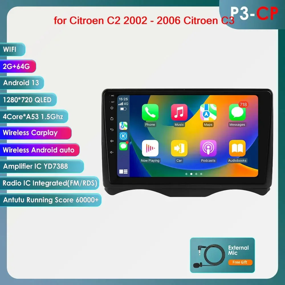 Citroen C2 2002 - 2006 Citroen C3  2002-2006 9" Android 14 Carplay Android auto wireless wifi bt gps 4g AUTM8GD8