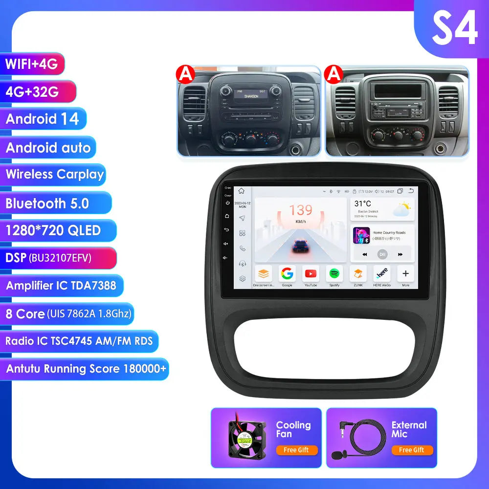 Fiat Talento Renault Trafic 3 / Opel Vivaro B 2014-2021 9" Android 14 Carplay Android auto wireless wifi bt gps 4g AUTMUYH9