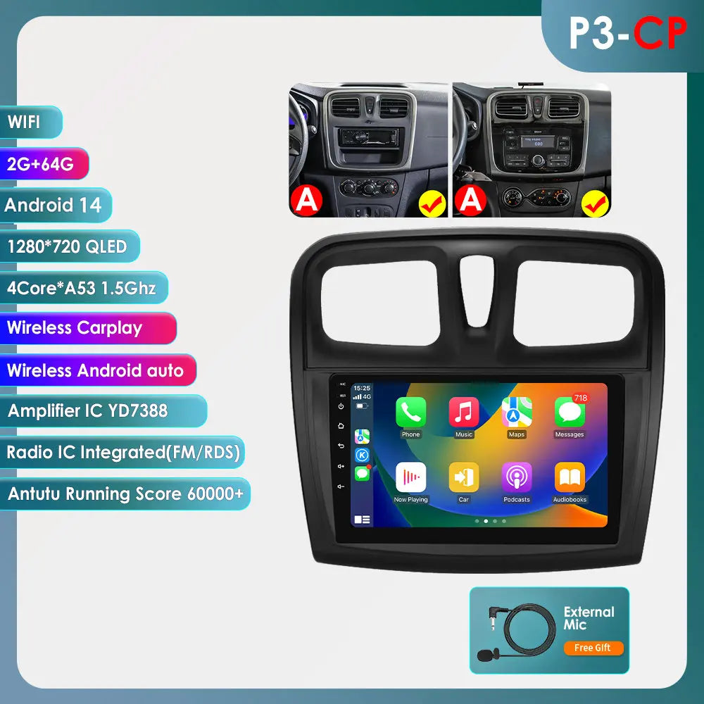 Dacia Logan 2 II Sandero 2  2012-2019 9" Android 14 Carplay Android auto wireless wifi bt gps 4g AUTMH2D9