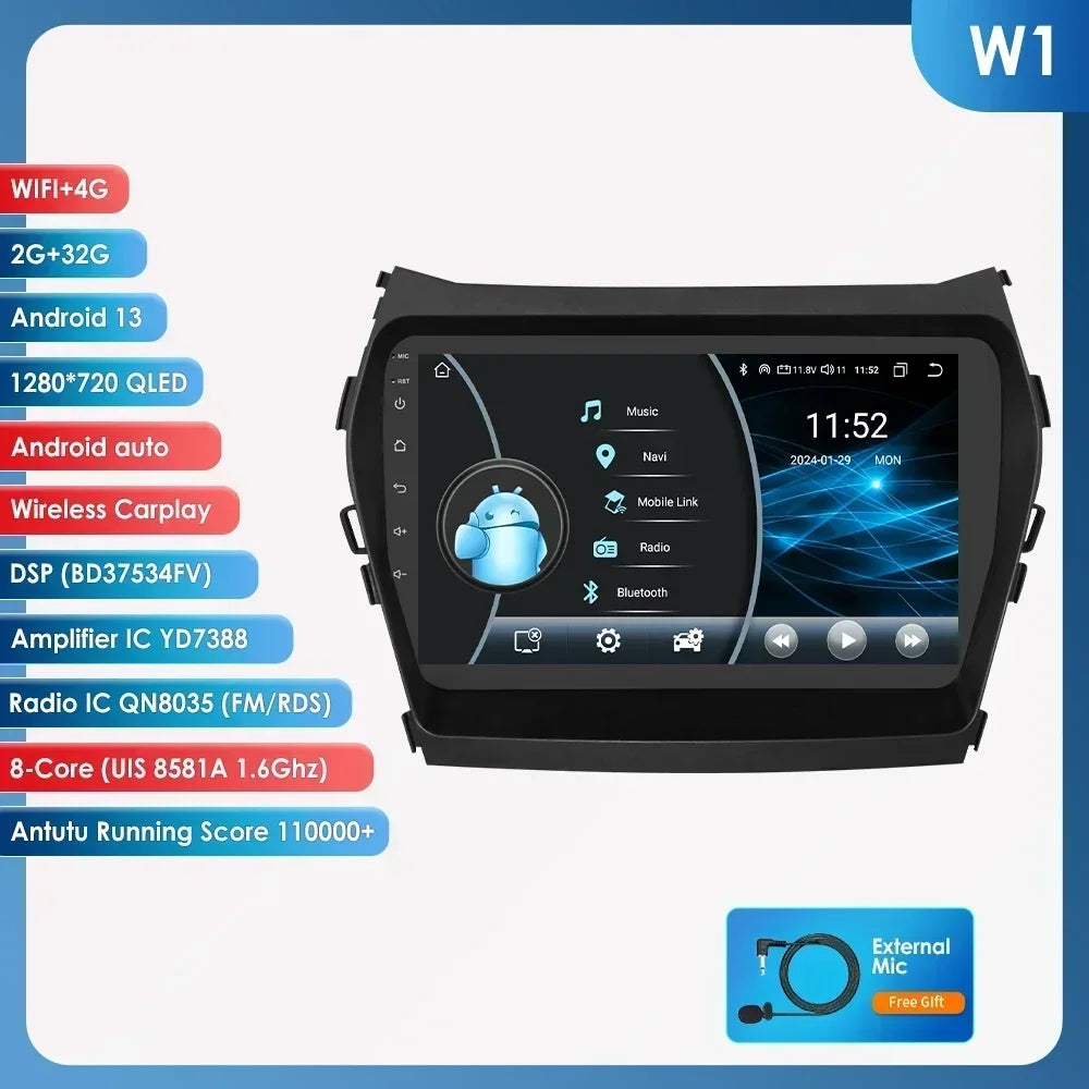 Hyundai Santa Fe 3 2013-2017 IX 45 9" / 10,33" Android 14 Carplay Android auto wireless wifi bt gps 4g  AUTM1AC6